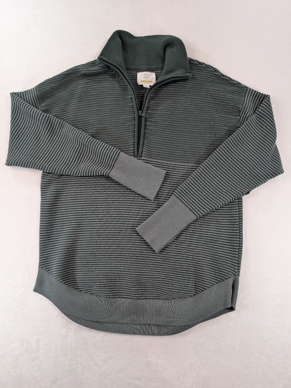 Aerie Offline Green Quarter Zip Sweater Medium Ribbed Knit Home Stretch Pullover